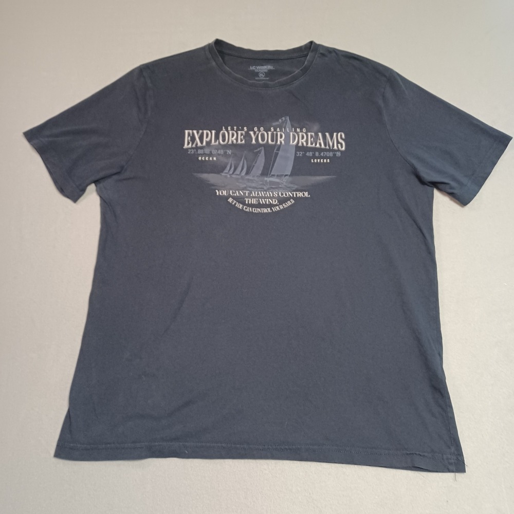 LC Waikiki Classic Mens XL Navy Blue Explore Your Dreams Sailing Graphic T-Shirt